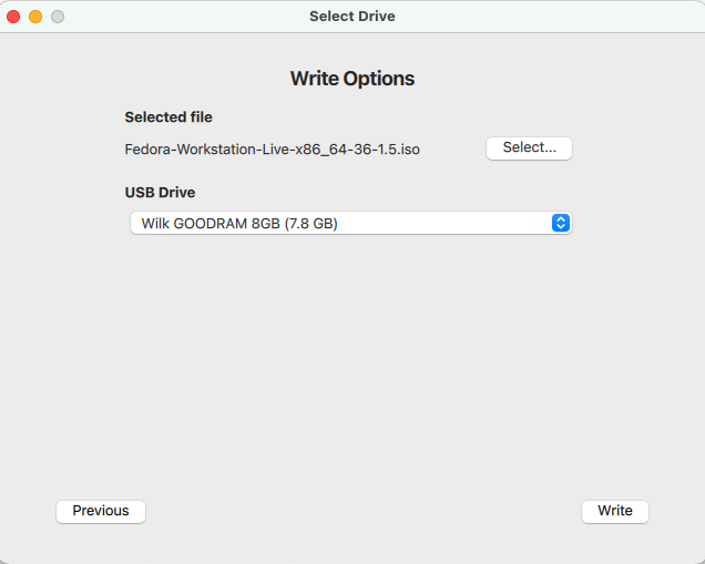 Select the Fedora Workstation 36 ISO file